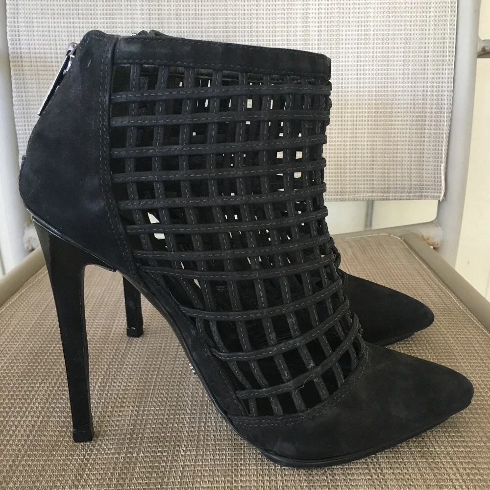 SCHUTZ Black Caged Pointed Toe Heels Booties Sz 8 - Picture 4 of 12